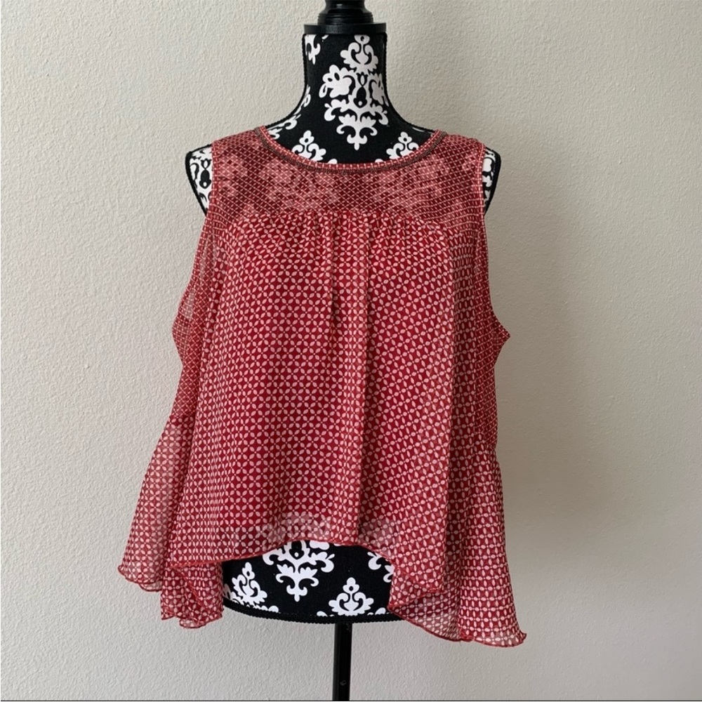 lucky brand red White Chiffon swing crop cold shoulder flare sleeves small